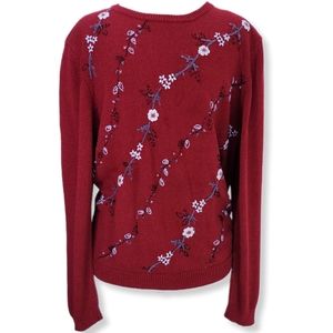 Alfred Dunner Womens L Sweater Red Floral Embroidered Beaded Scoop Neck Pullover